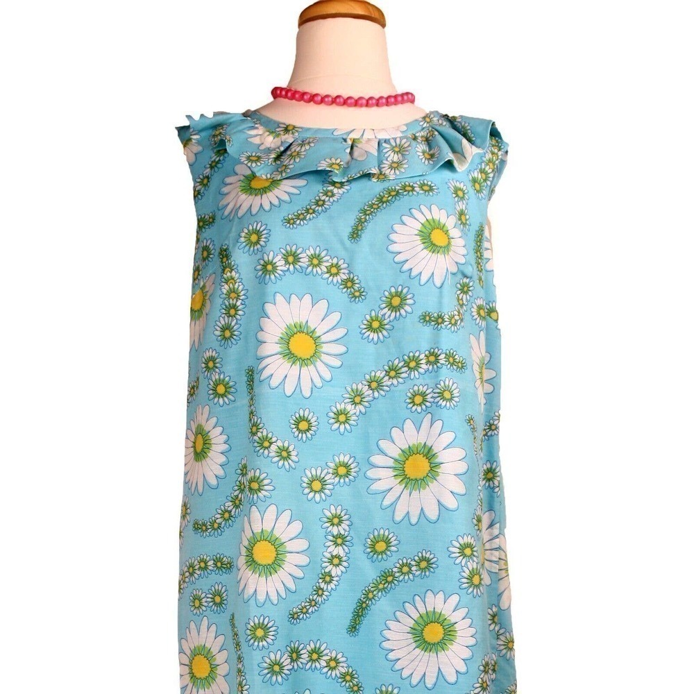 Vintage Sleeveless Daisy Print Dress w Ruffle Neckline Metal Zip Sz XL - Hey Viv - Picture 2 of 7
